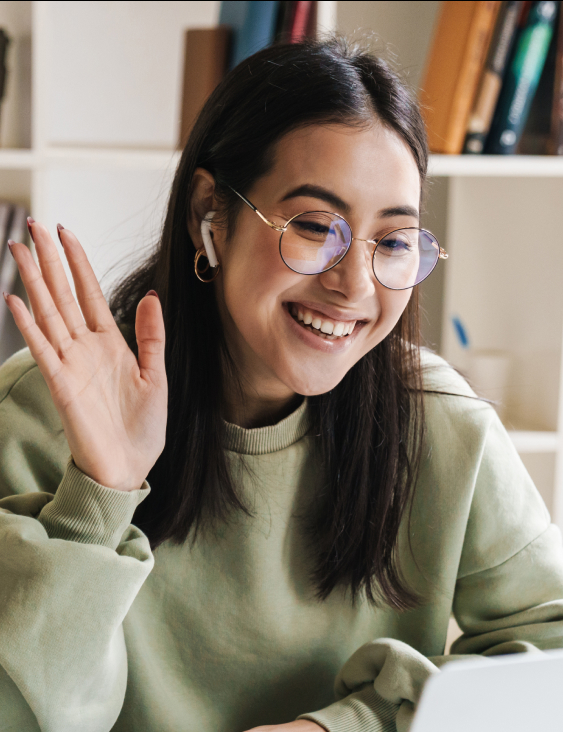 girl communicates via video conference